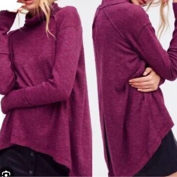 Free People We the Free Split Back Funnel Neck Top Plum Purple Knit Size s - Picture 2 of 12